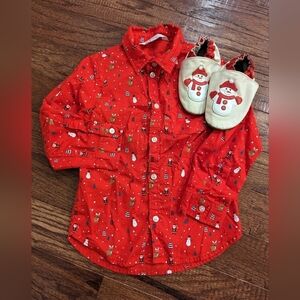 Robeez Snowman Crib Shoes sz 18-24 & H&M Christmas print shirt, 3/4 fits 18-24